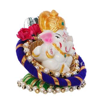 eCraftIndia Lord Ganesha Idol on Decorative Handcrafted Floral Plate for Home and Car 6