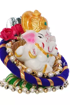 eCraftIndia Lord Ganesha Idol on Decorative Handcrafted Floral Plate for Home and Car
