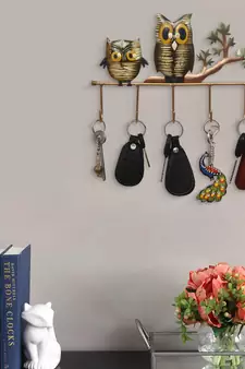 eCraftIndia Owl Theme Colorful Tribal Art 5 Hooks Iron Key Holder