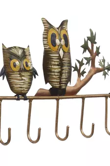 eCraftIndia Owl Theme Colorful Tribal Art 5 Hooks Iron Key Holder