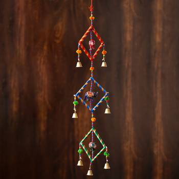 eCraftIndia Handcrafted Decorative Colorful Squares with Gota Patti Wall/Door/Window Hanging Bells 1