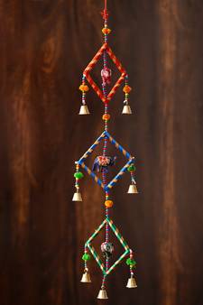 eCraftIndia Handcrafted Decorative Colorful Squares with Gota Patti Wall/Door/Window Hanging Bells