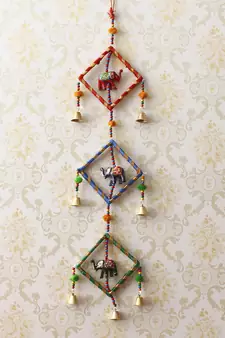 eCraftIndia Handcrafted Decorative Colorful Squares with Gota Patti Wall/Door/Window Hanging Bells