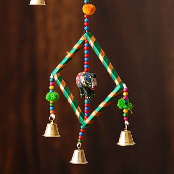 eCraftIndia Handcrafted Decorative Colorful Squares with Gota Patti Wall/Door/Window Hanging Bells 5