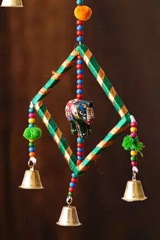 eCraftIndia Handcrafted Decorative Colorful Squares with Gota Patti Wall/Door/Window Hanging Bells