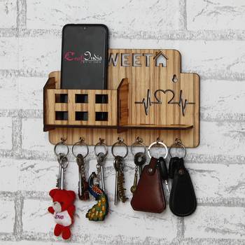eCraftIndia Sweet Home Multiutility 7 Hooks Wooden Mobile Holder and KeyHolder 2