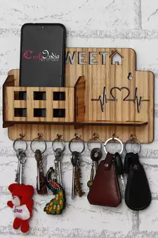 eCraftIndia Sweet Home Multiutility 7 Hooks Wooden Mobile Holder and KeyHolder