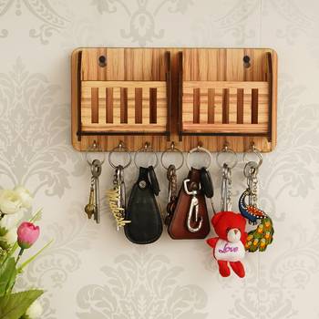 eCraftIndia Multiutility 7 Hooks Wooden Mobile Holder and KeyHolder 1