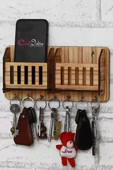 eCraftIndia Multiutility 7 Hooks Wooden Mobile Holder and KeyHolder