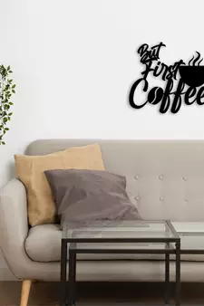 eCraftIndia "But First Coffee" With Mugblack Engineered Wood Wall Art Cutout, Ready to Hang Home Decor