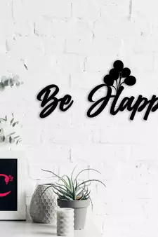 eCraftIndia "Be Happy" With Balloons Black Engineered Wood Wall Art Cutout, Ready to Hang Home Decor