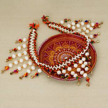 Handcrafted Red and Yellow Decorative Pooja Thali with Toran/Bandarwal Door Hanging 1