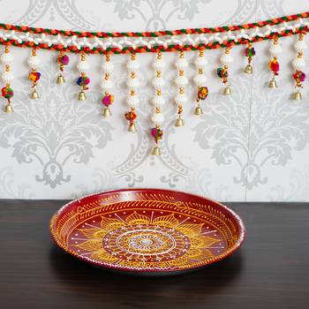 Handcrafted Red and Yellow Decorative Pooja Thali with Toran/Bandarwal Door Hanging 2