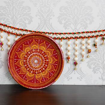 Handcrafted Red and Yellow Decorative Pooja Thali with Toran/Bandarwal Door Hanging 3