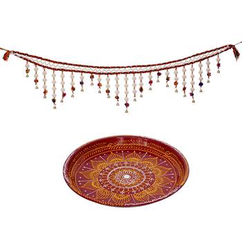 Handcrafted Red and Yellow Decorative Pooja Thali with Toran/Bandarwal Door Hanging 4