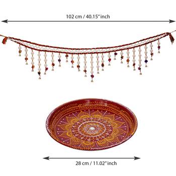 Handcrafted Red and Yellow Decorative Pooja Thali with Toran/Bandarwal Door Hanging 5