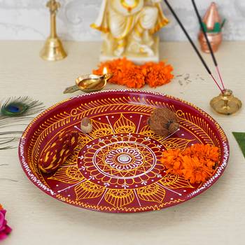 Handcrafted Red and Yellow Decorative Pooja Thali with Toran/Bandarwal Door Hanging 6