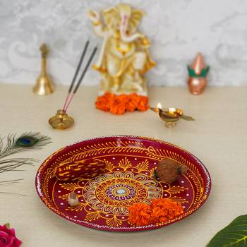 Handcrafted Decorative Red Pooja Thali 2