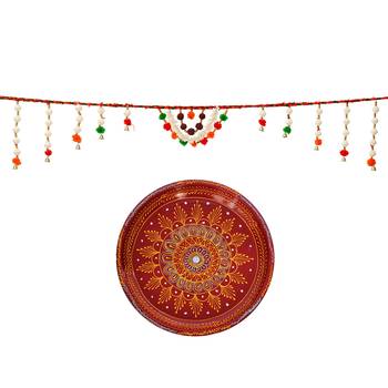 Handcrafted Decorative Red Pooja Thali with Toran/Bandarwal Door Hanging 2