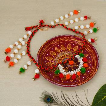 Handcrafted Decorative Red Pooja Thali with Toran/Bandarwal Door Hanging 1
