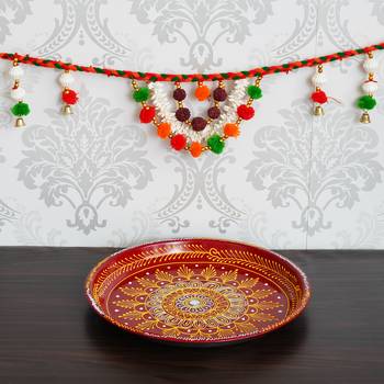 Handcrafted Decorative Red Pooja Thali with Toran/Bandarwal Door Hanging 3