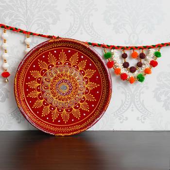 Handcrafted Decorative Red Pooja Thali with Toran/Bandarwal Door Hanging 4