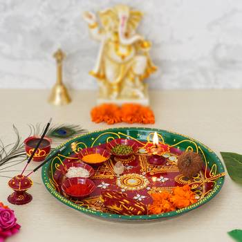 Handcrafted Decorative Red and Green Pooja Thali with 4 Kumkum Holders 1 Diya 1 Agarbatti Stand 1 Lota and 1 Spoon 1