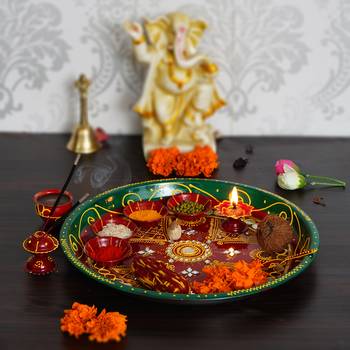 Handcrafted Decorative Red and Green Pooja Thali with 4 Kumkum Holders 1 Diya 1 Agarbatti Stand 1 Lota and 1 Spoon 2