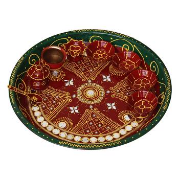 Handcrafted Decorative Red and Green Pooja Thali with 4 Kumkum Holders 1 Diya 1 Agarbatti Stand 1 Lota and 1 Spoon 3