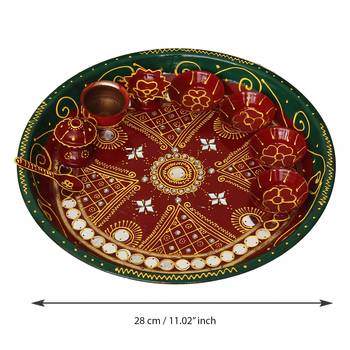 Handcrafted Decorative Red and Green Pooja Thali with 4 Kumkum Holders 1 Diya 1 Agarbatti Stand 1 Lota and 1 Spoon 4