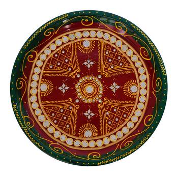 Handcrafted Decorative Red and Green Pooja Thali with 4 Kumkum Holders 1 Diya 1 Agarbatti Stand 1 Lota and 1 Spoon 5