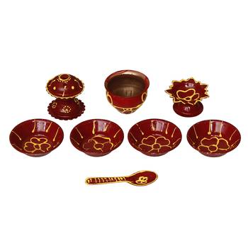 Handcrafted Decorative Red and Green Pooja Thali with 4 Kumkum Holders 1 Diya 1 Agarbatti Stand 1 Lota and 1 Spoon 6