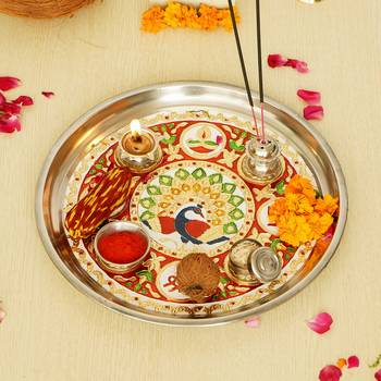 Handcrafted Decorative Golden Pooja Thali with Meenakari Work 2 Holders 1 Agarbatti Stand and 1 Diya 1