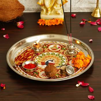 Handcrafted Decorative Golden Pooja Thali with Meenakari Work 2 Holders 1 Agarbatti Stand and 1 Diya 2