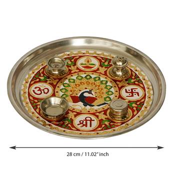 Handcrafted Decorative Golden Pooja Thali with Meenakari Work 2 Holders 1 Agarbatti Stand and 1 Diya 4