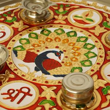 Handcrafted Decorative Golden Pooja Thali with Meenakari Work 2 Holders 1 Agarbatti Stand and 1 Diya 5