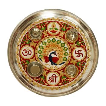 Handcrafted Decorative Golden Pooja Thali with Meenakari Work 2 Holders 1 Agarbatti Stand and 1 Diya 6
