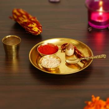 5 Inch Brass Pooja Thali with 2 Katori/Bowls 1 Spoon and 1 Glass 1