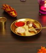 5 Inch Brass Pooja Thali with 2 Katori/Bowls 1 Spoon and 1 Glass