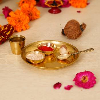 5 Inch Brass Pooja Thali with 2 Katori/Bowls 1 Spoon and 1 Glass 2