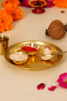5 Inch Brass Pooja Thali with 2 Katori/Bowls 1 Spoon and 1 Glass