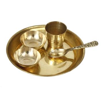 5 Inch Brass Pooja Thali with 2 Katori/Bowls 1 Spoon and 1 Glass 3