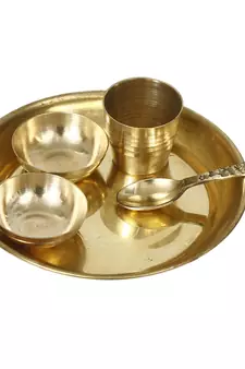 5 Inch Brass Pooja Thali with 2 Katori/Bowls 1 Spoon and 1 Glass