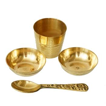 5 Inch Brass Pooja Thali with 2 Katori/Bowls 1 Spoon and 1 Glass 6