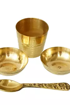 5 Inch Brass Pooja Thali with 2 Katori/Bowls 1 Spoon and 1 Glass