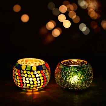 Set of 2 Mosiac Glass Decorative Tea Light Holder/Diya 1