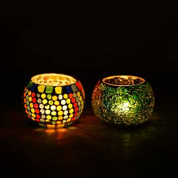 Set of 2 Mosiac Glass Decorative Tea Light Holder/Diya 2