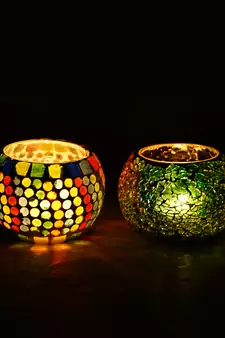 Set of 2 Mosiac Glass Decorative Tea Light Holder/Diya
