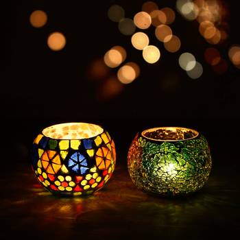 Set of 2 Mosiac Glass Decorative Tea Light Holder/Diya 1