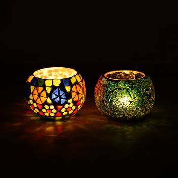 Set of 2 Mosiac Glass Decorative Tea Light Holder/Diya 2